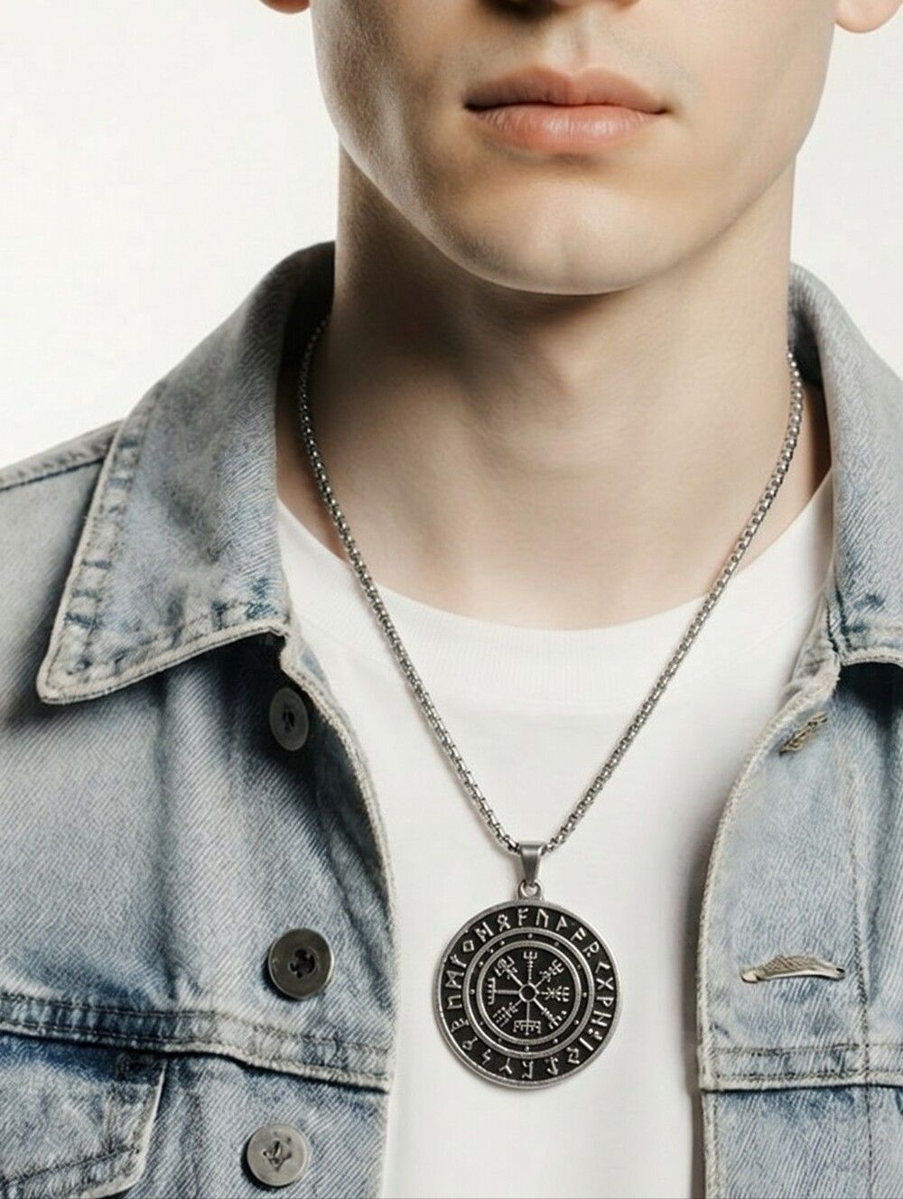 Vegvisir Viking Compass Necklace Norse Rune Amulet Pendant 24” Silver Box Chain